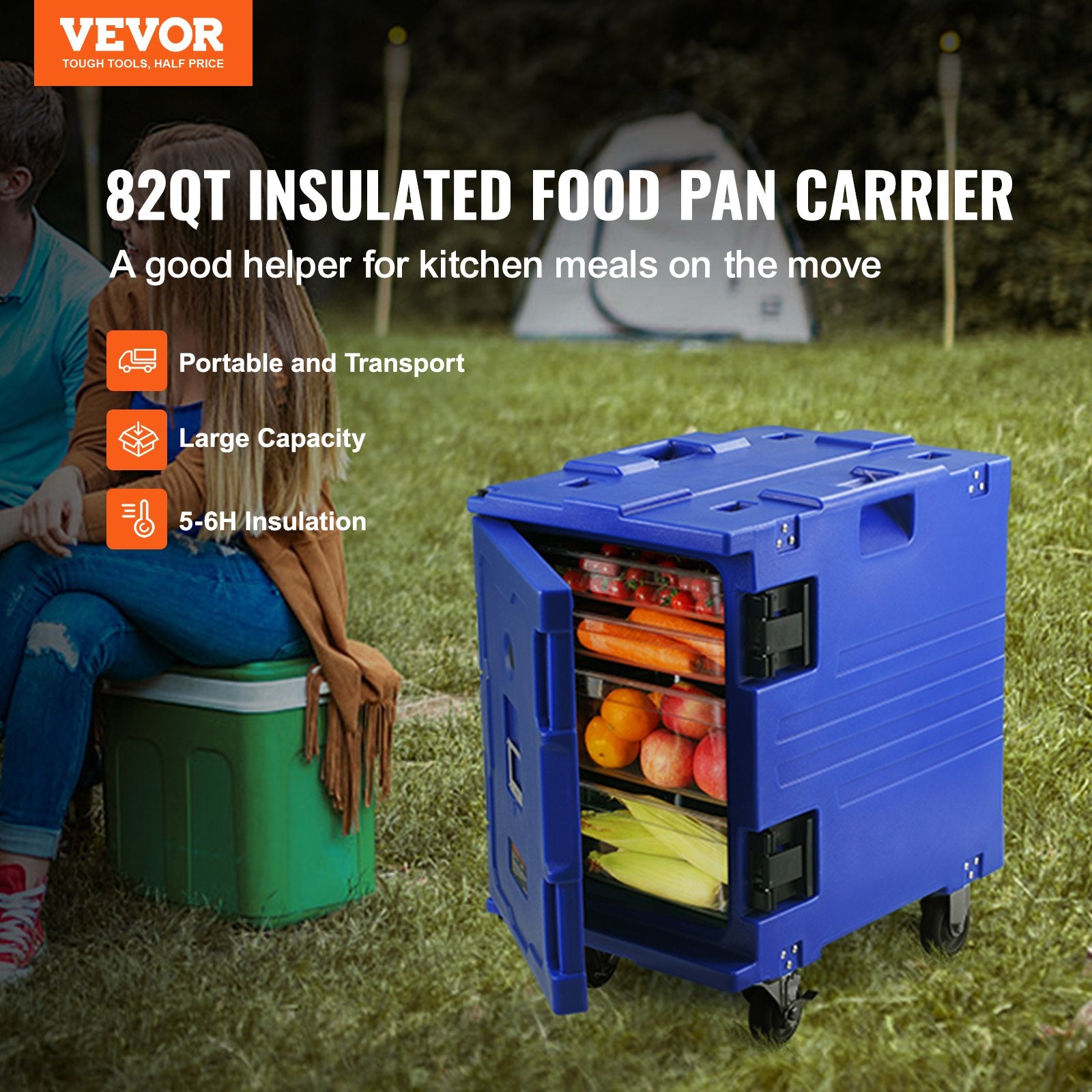 Insulated Food Pan Carrier, 82 Qt Hot Box For Catering, LLDPE Food Box Carrier W/One-Piece Buckle, Front Loading Food Warmer W/Handles, End Loader W/Wheels For Restaurant, Canteen, Etc. Blue