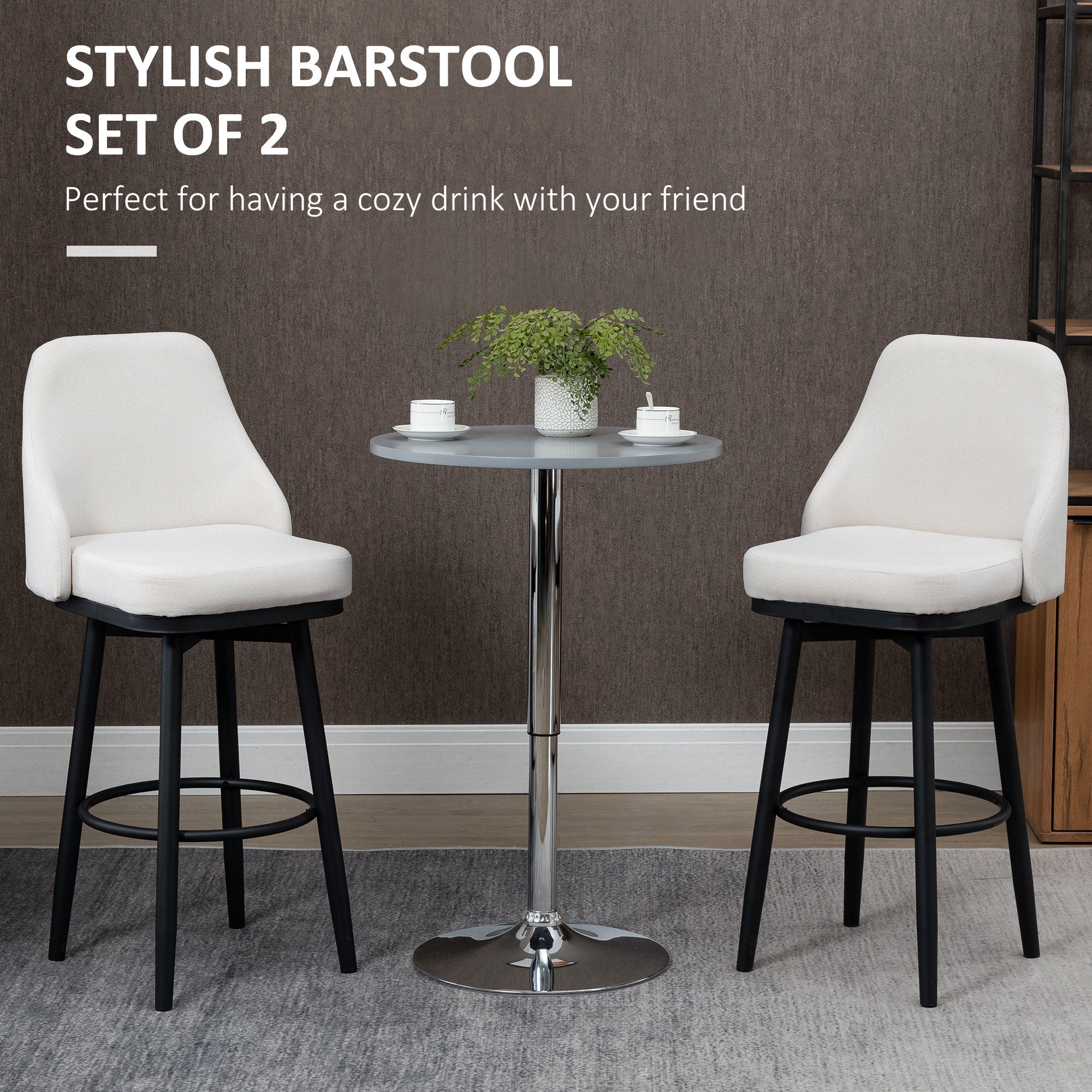 Bar Height Bar Stools Set of 2, Modern 360° Swivel Kitchen Chairs with Steel Legs and Footrest, 29.5 Inch Seat Height Upholstered Barstools for Kitchen Island, Cream White