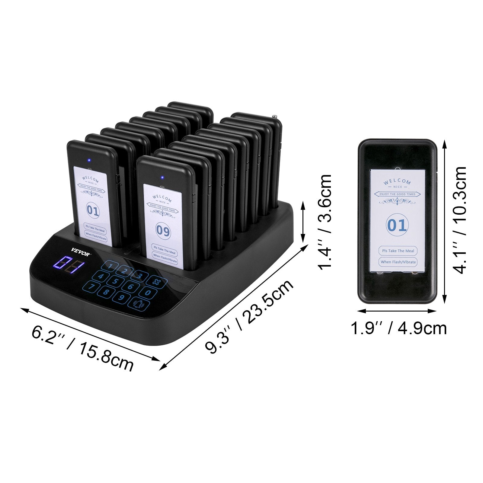 F101 Restaurant Pager System 16 Pagers, Max 98 Beepers Wireless Calling System, Touch Keyboard With Vibration, Flashing And Buzzer For Church, Nurse,Hospital & Hotel