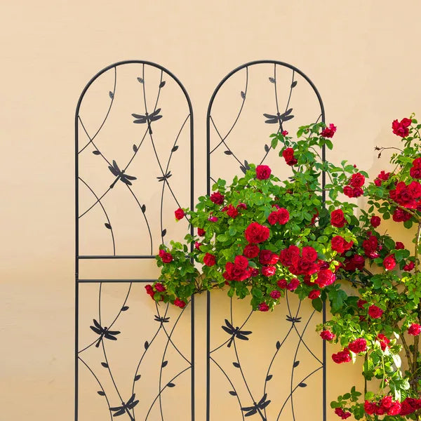 2 Pack Metal Garden Trellis 71" X 19.7" Rustproof Trellis For Climbing Plants Outdoor Flower Support Dragonfly Deco Black