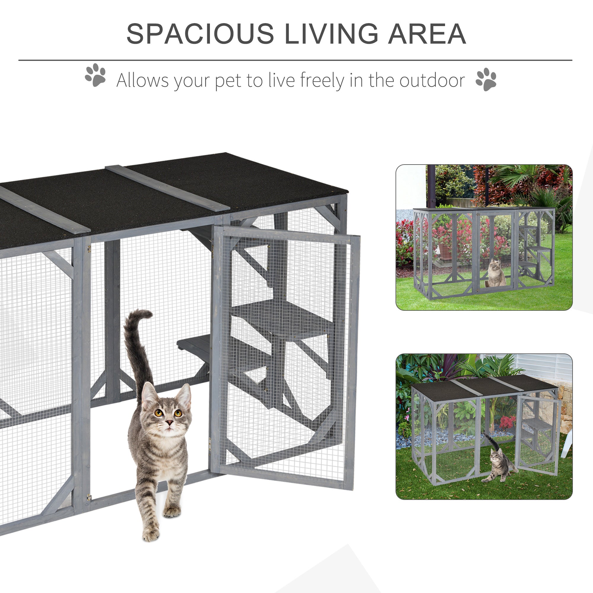 71" x 32" x 44" Large Wooden Outdoor Cat Enclosure Catio Cage With 3 Platforms, Gray