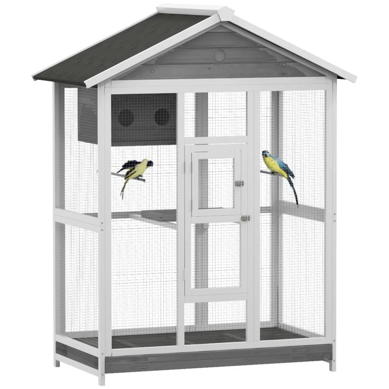 Wooden Bird Cage Aviary, Flight Cage With 4 Perches, Nest And Slide-Out Tray For Indoor Outdoor, Gray