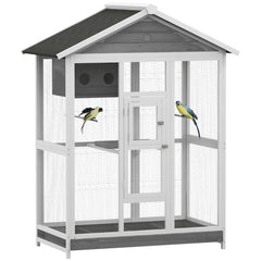Wooden Bird Cage Aviary, Flight Cage With 4 Perches, Nest And Slide-Out Tray For Indoor Outdoor, Gray
