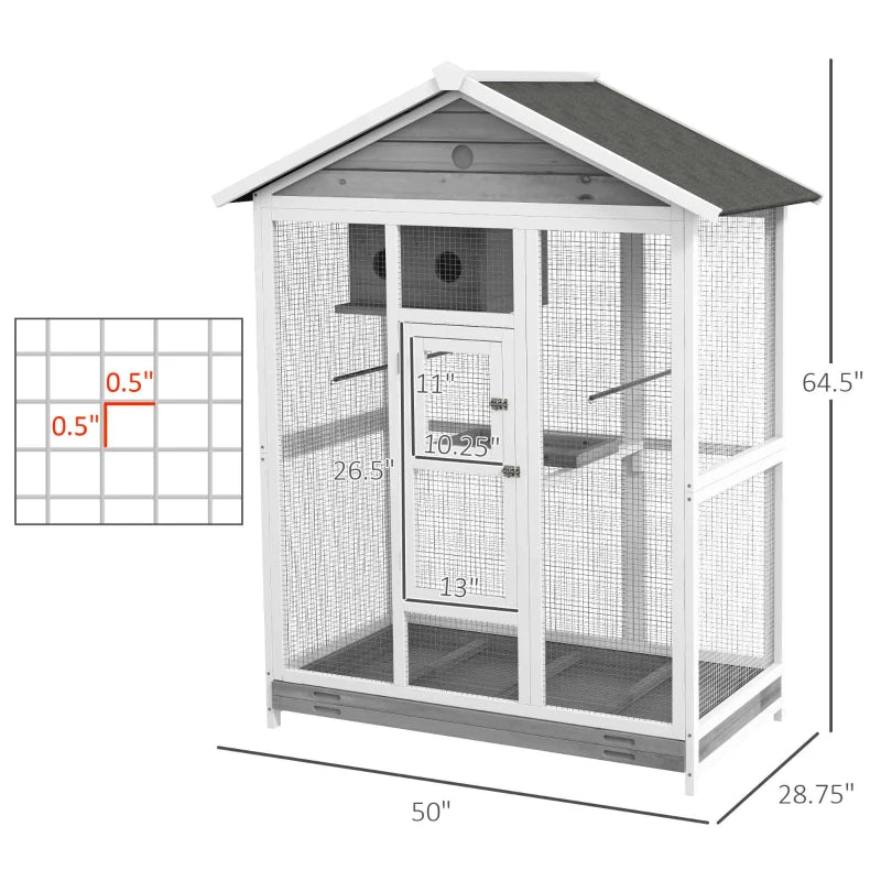 Wooden Bird Cage Aviary, Flight Cage With 4 Perches, Nest And Slide-Out Tray For Indoor Outdoor, Gray