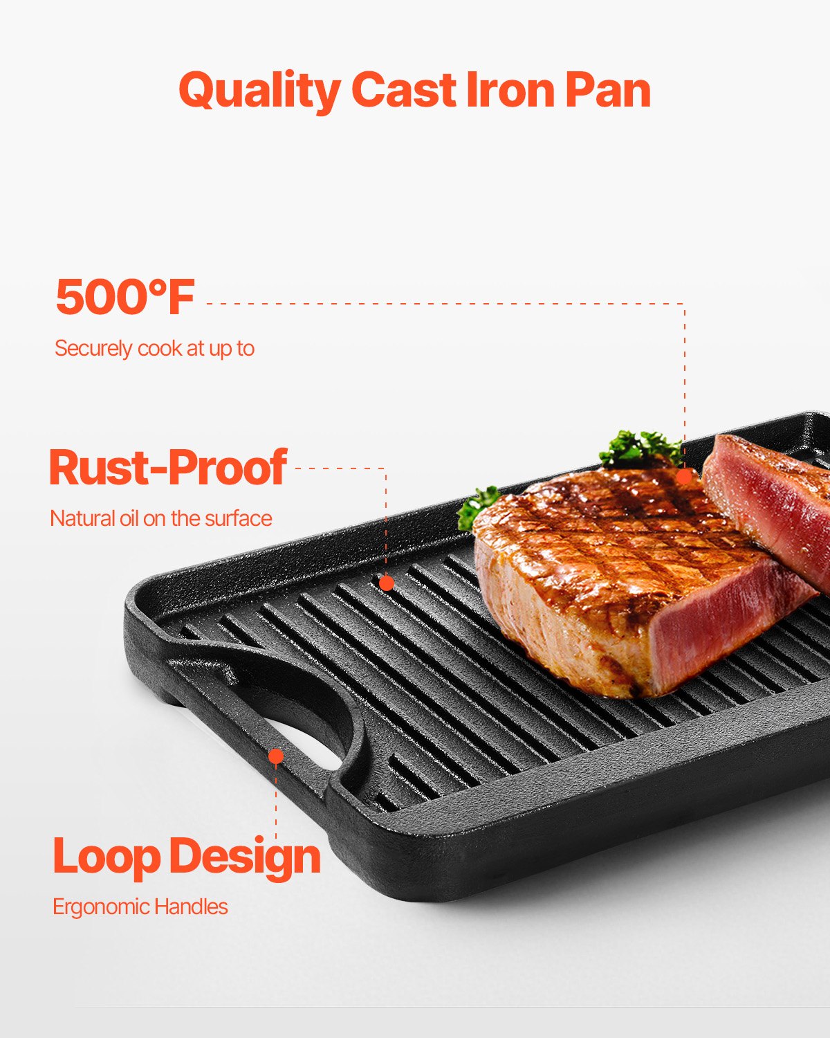 14x8.5 Inch Reversible Grill Griddle Pre-Seasoned BBQ Pan Cast Iron Black