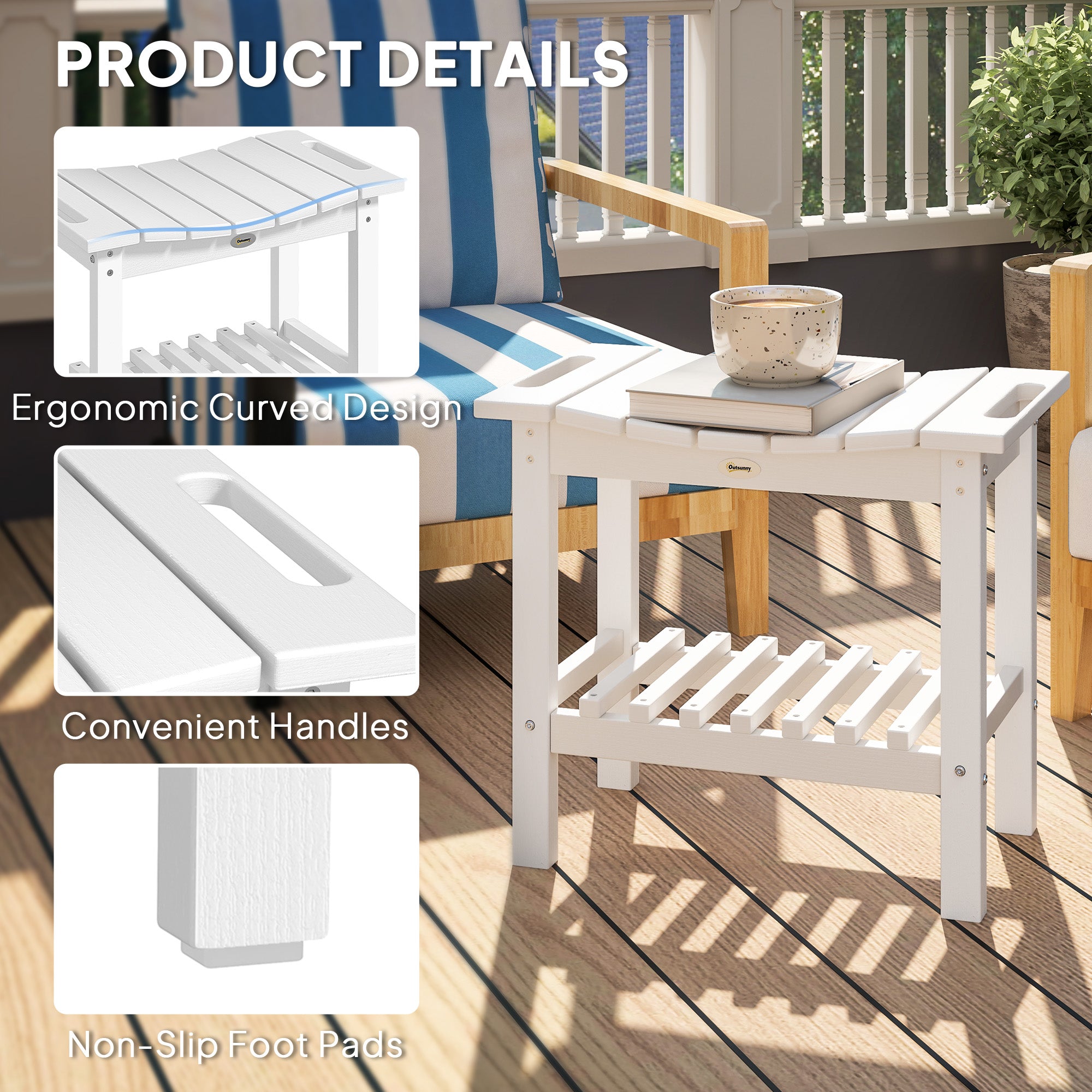HDPE Shower Bench, Waterproof Shower Stool with Handle, Storage Shelf, Non-Slip Pads for Indoor Outdoor, White