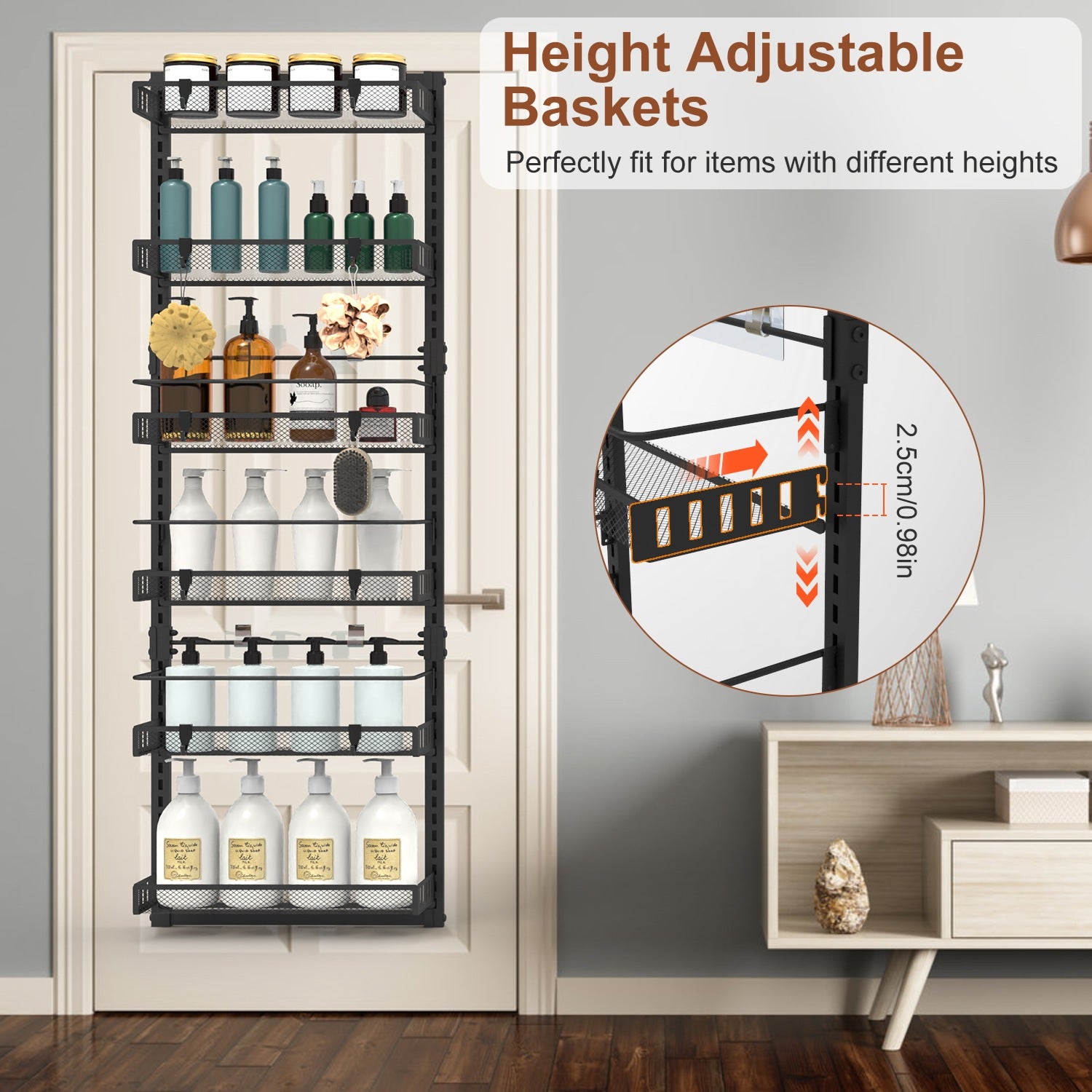 Black-White Options -- 1Pc Over The Door Pantry Organizer 6-Tier Pantry Door Organizer Carbon Steel 110LBS Loading Easy Install Behind Door Storage For Closet Kitchen Bathroom 50.19H 17.12W 5.51in D
