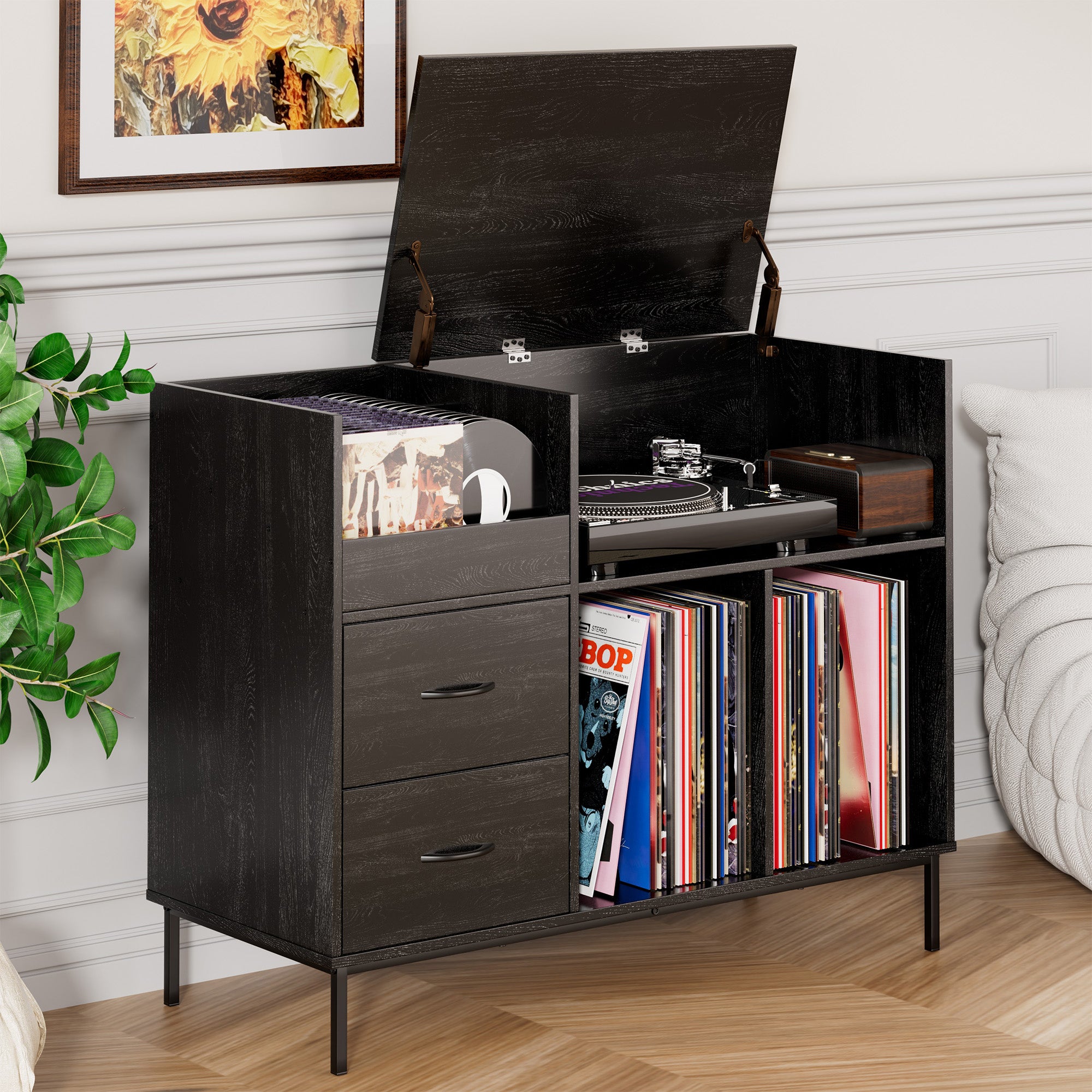 Record Player Stand With Power Outlet  Flip-Down Lid, Turntable Table With Storage For 300 Vinyls, Black Wood Grain Media Console With 2 Drawers, 27.6 With Dust Protection, Some Assembly Required,