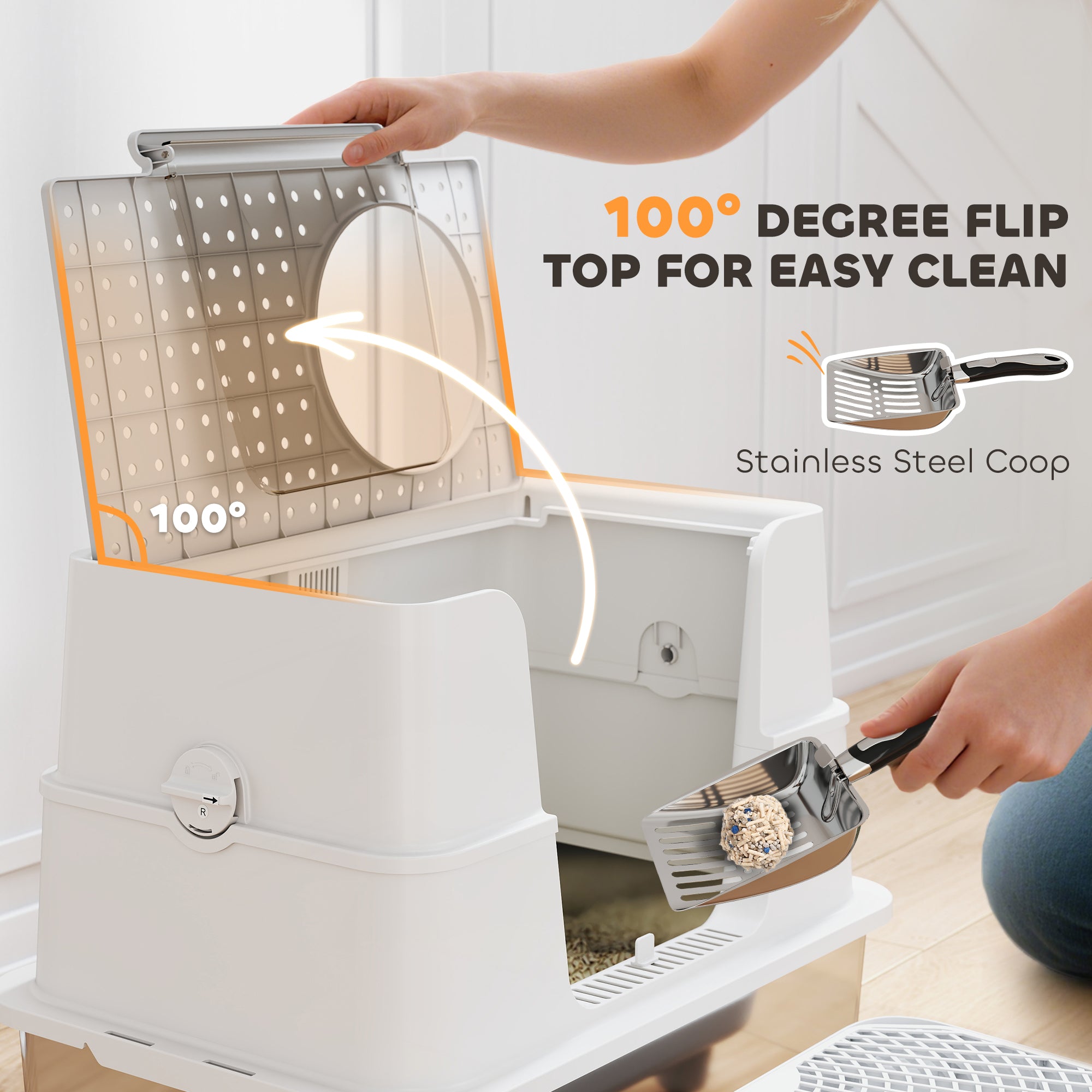 XL Stainless Steel Litter Box W  Flip Top, Scoop, Step, Top & Side Entry Enclosed Litter Box For Big Cats