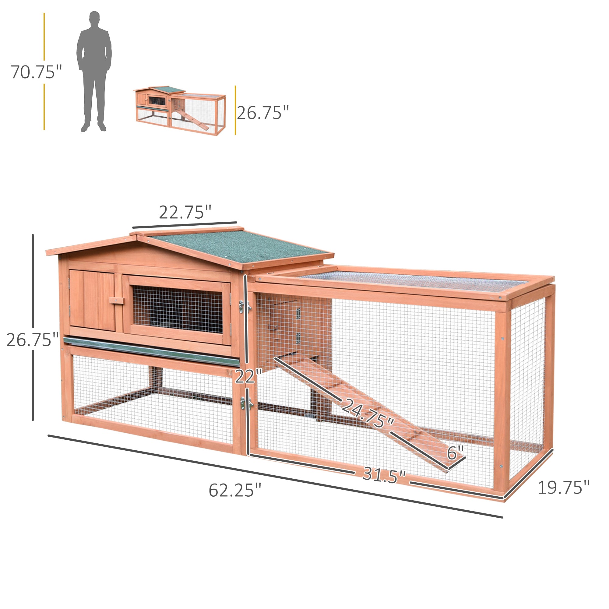 Rabbit Cage Outdoor, 62" Wooden Outdoor Rabbit Hutch, Small Animal Habitat with Detachable Run and Elevated Main House, Natural