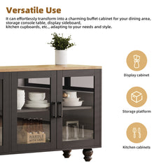 ON-TREND Farmhouse TV Stand With Tempered Glass Doors For TVs Up To 70, Versatile Sideboard With Adjustable Shelves, Elegant Buffet Cabinet With 5 Solid Wood Gourd-Shaped Legs For Living Room, Black