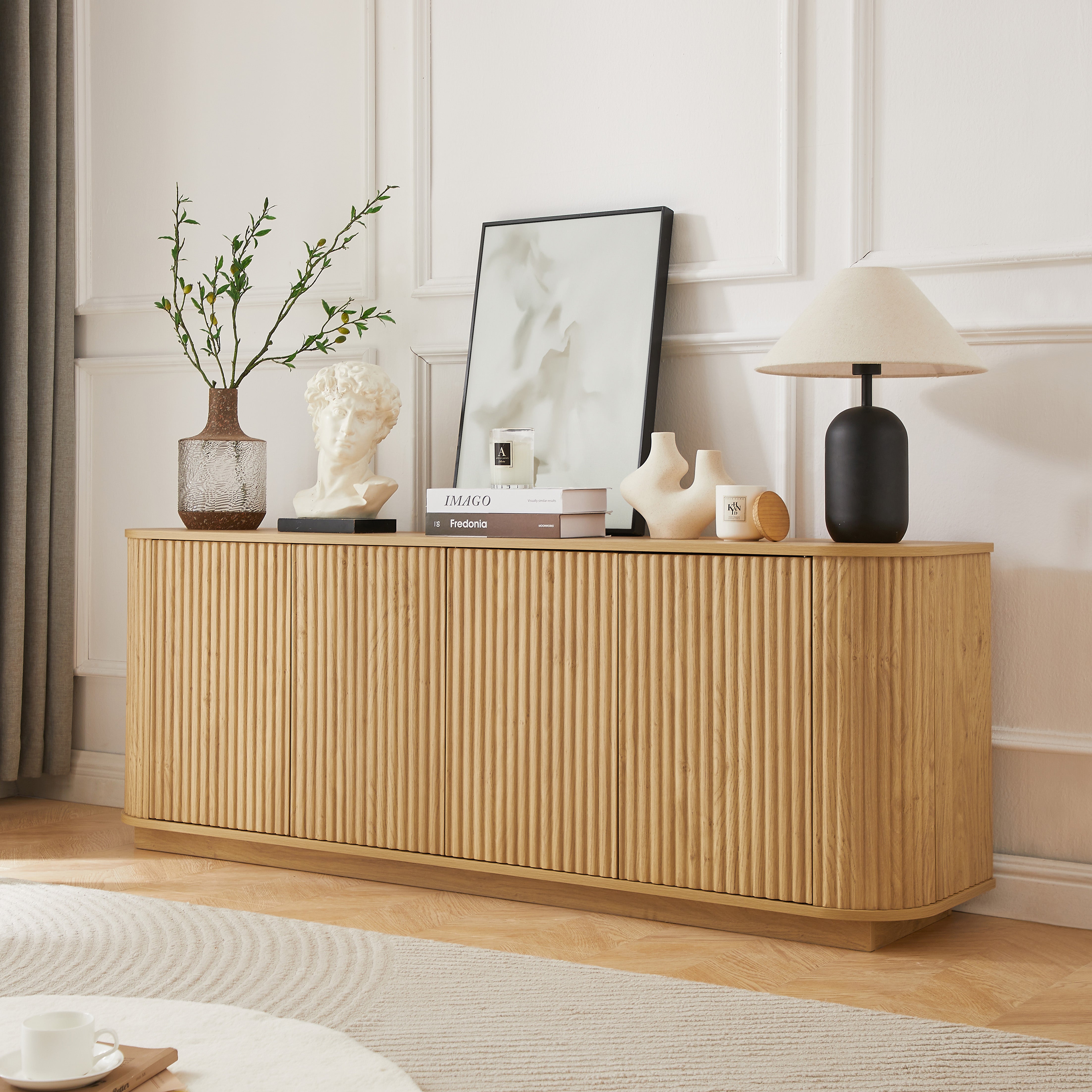 Sideboard Storage Cabinet TV Stand With Wave Pattern Buffet Cabinet Wooden Vertical Striped Cabinet For Kitchen Bedroom Entryway. Natural, 64W X 15D X 24H.