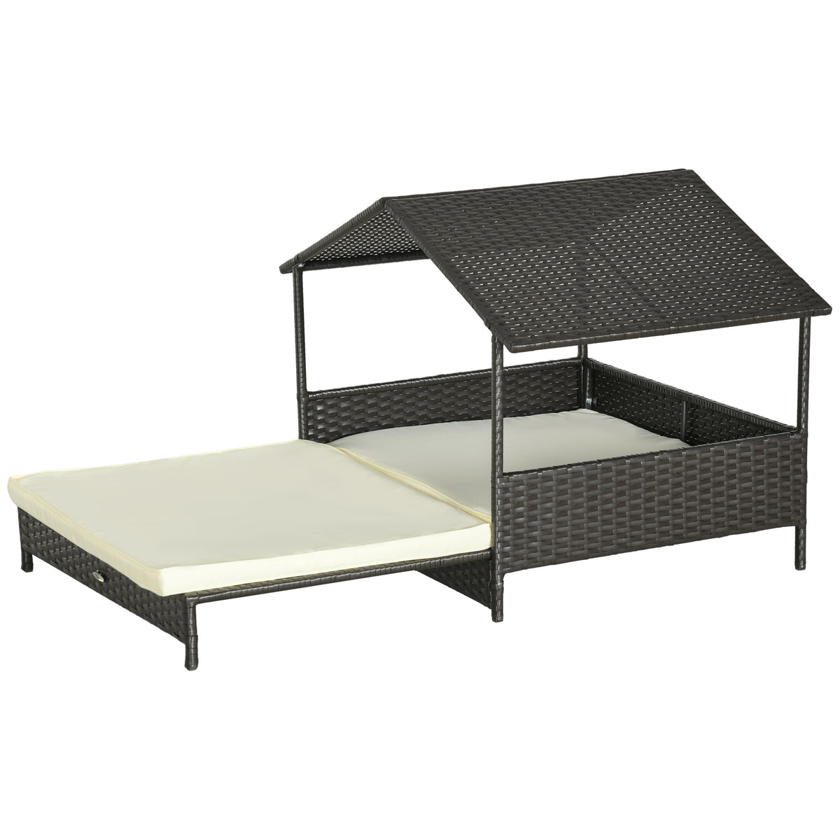 Outdoor Dog Bed Extendable Wicker Dog Bed w/ Waterproof Roof, Soft Cushion, for Small and Medium Dogs, Cream White