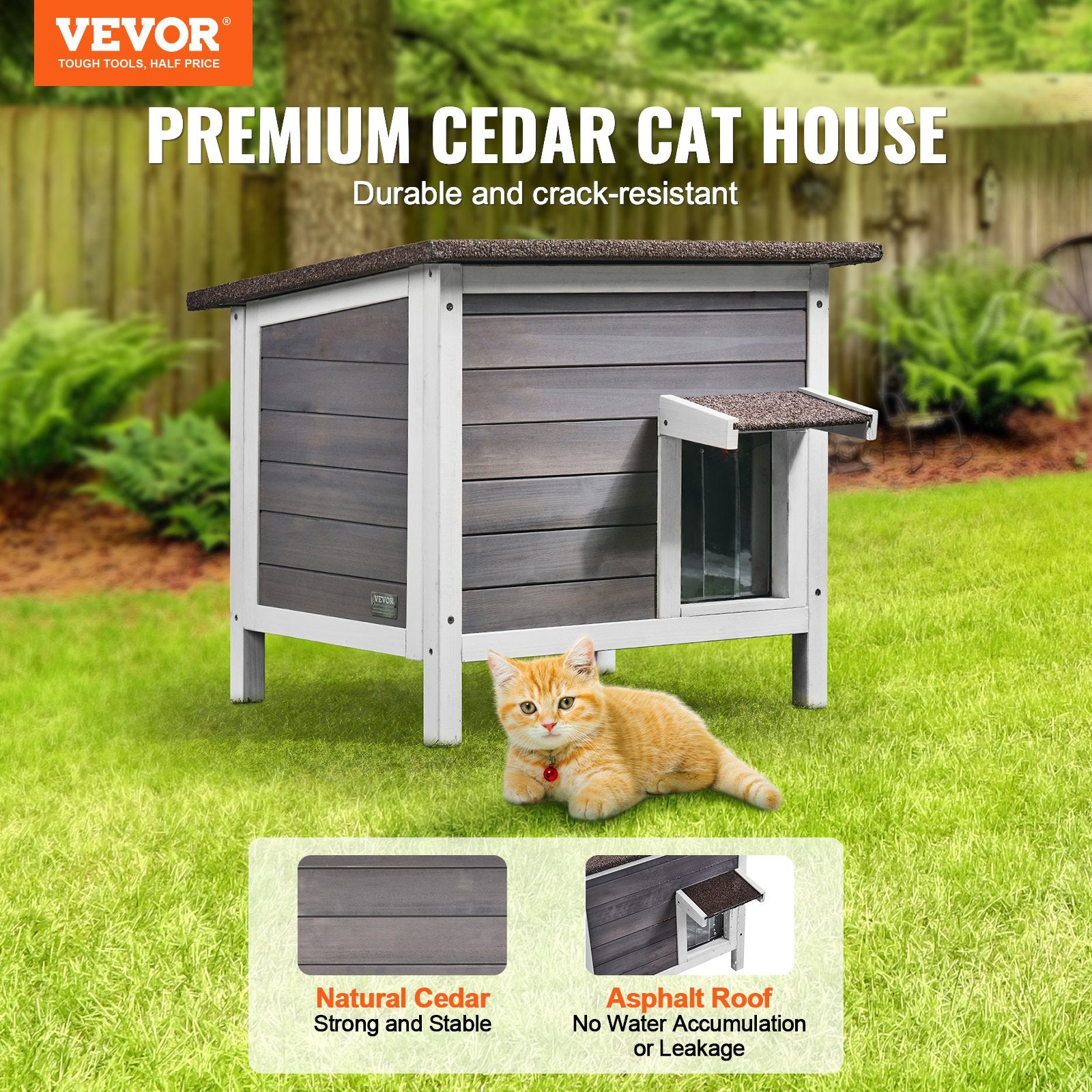 Outdoor Cat House Wooden Feral Cat Shelter With Roof & PVC Door Flaps
