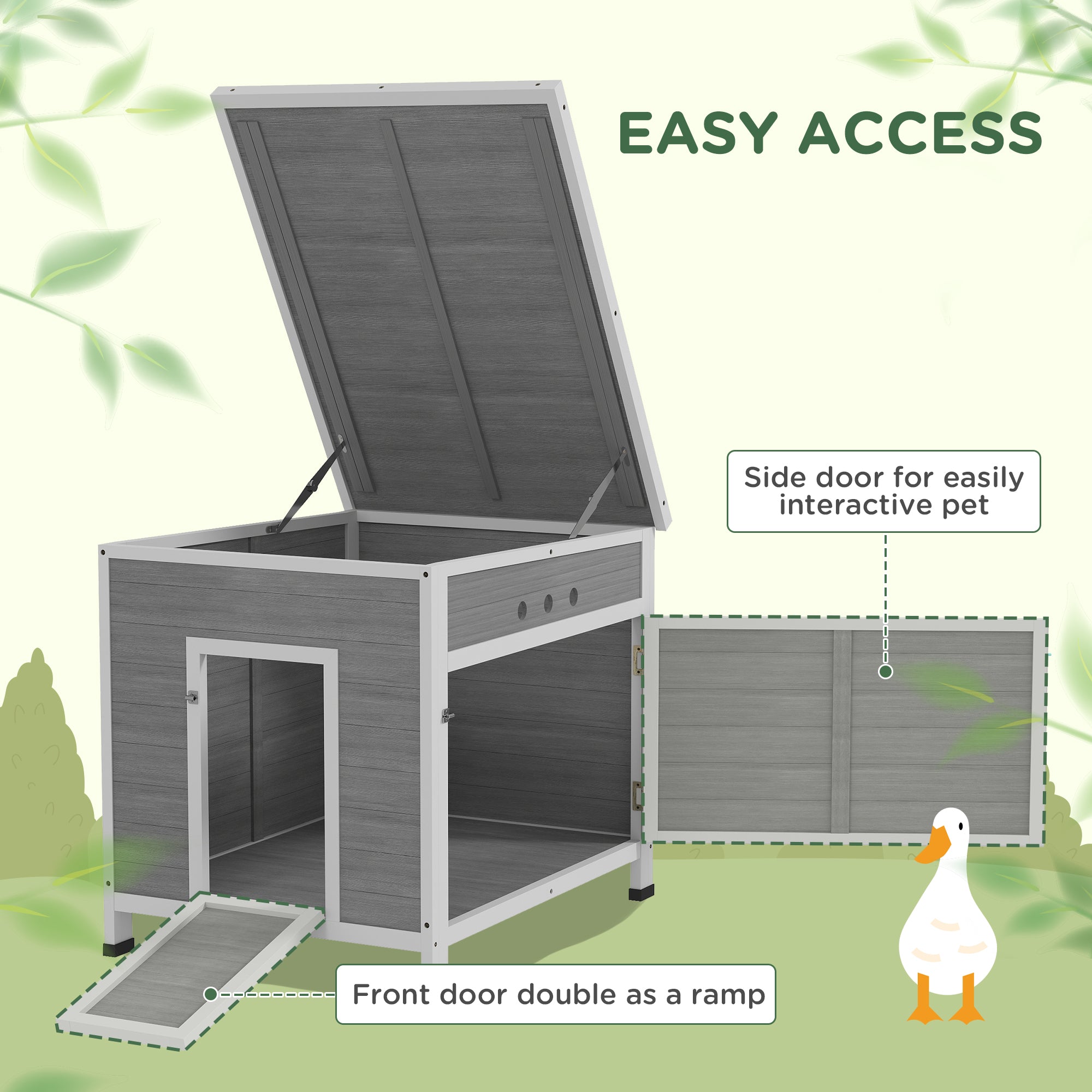 Wooden Duck Coop with Openable Roof, Removable Floor, Double Doors, Ramp, for 2-4 Ducks, Chickens, 25" x 32" x 30"