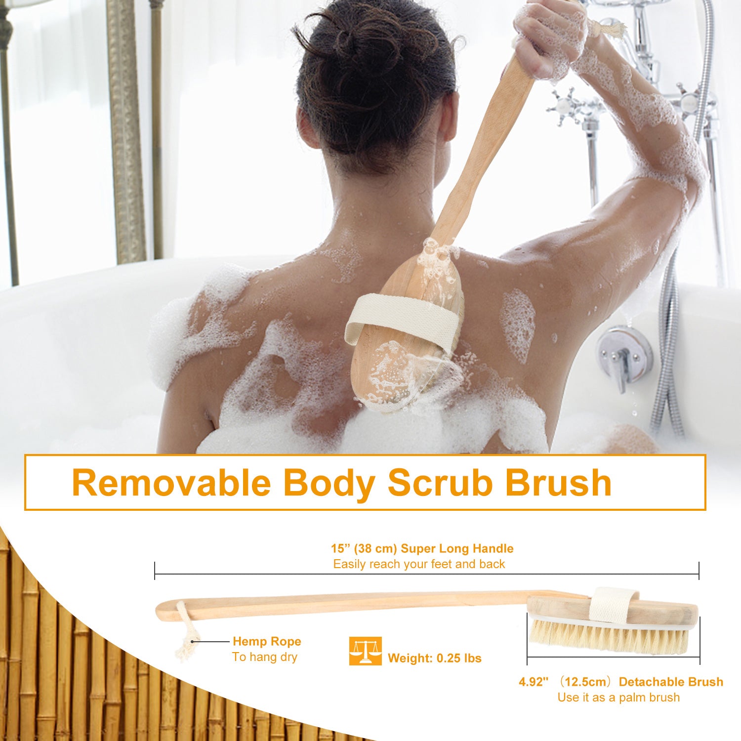 1Pc Bath Brush 15in Shower Body Back Scrubber With Long Handle Detachable Brush For Cellulite Exfoliating Detox