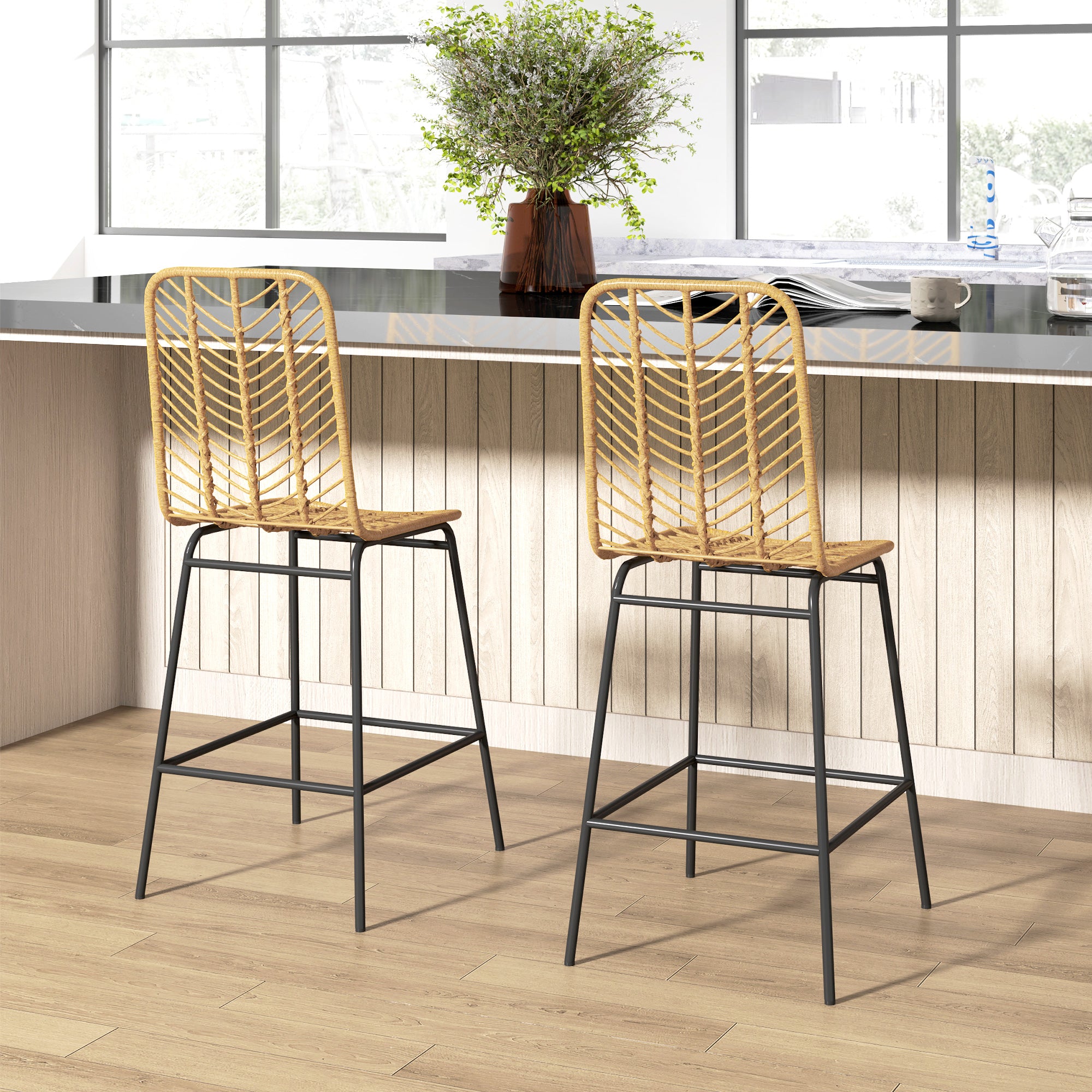 Set of 2 Rattan Barstools Wicker Counter Stools with Steel Legs and Footrest for Dining Room Kitchen Pub Yellow