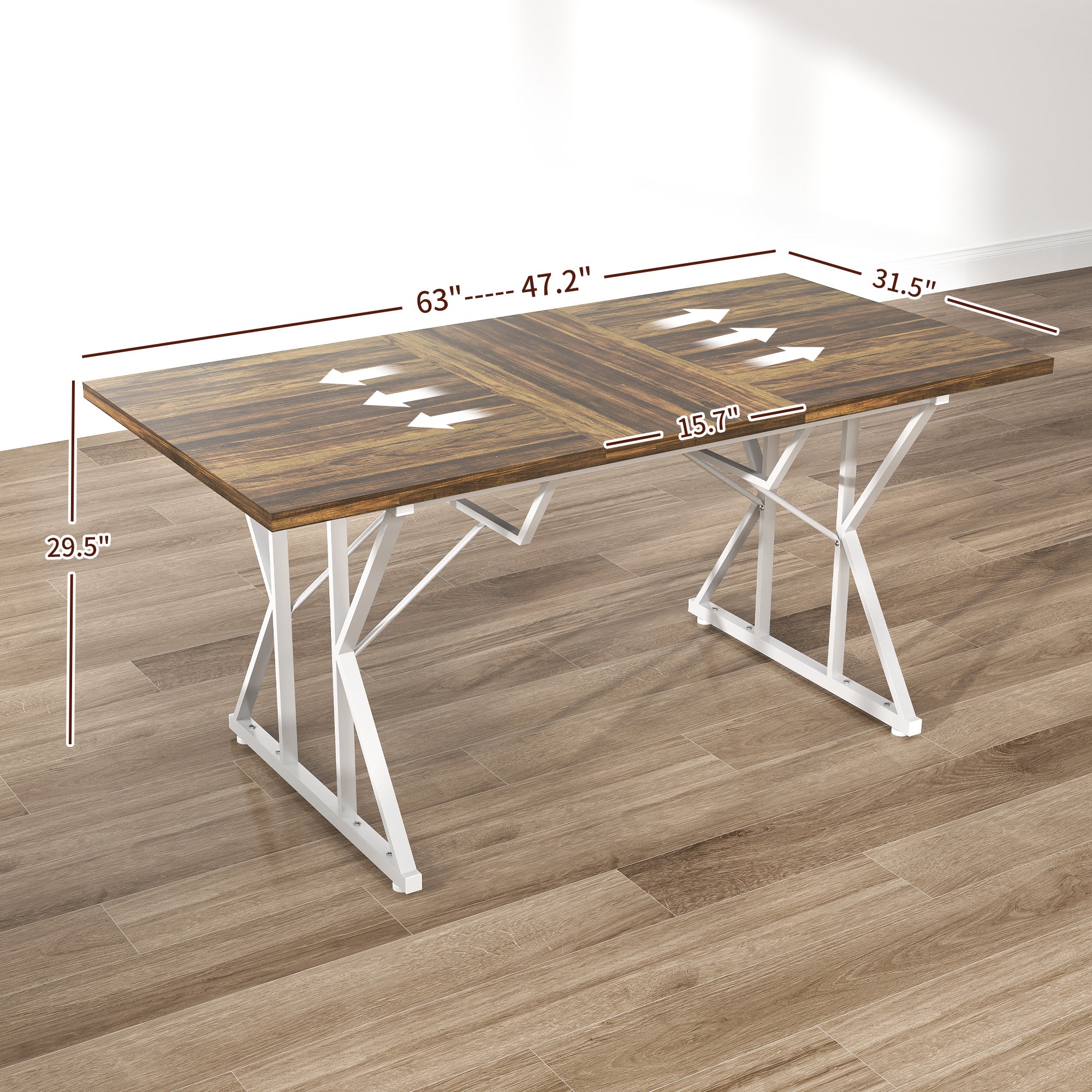 47"-63" Extendable Dining Table for 4-6, Farmhouse Expandable Kitchen Table with Heavy Duty Trestle Base, Brown