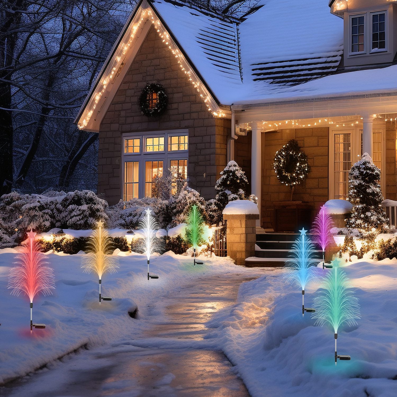 4Pack 7 Color Changing Solar Christmas Tree Lights Outdoor Optical Fiber Stake Lights Cedar Tree Lights With Topper Star IP44 Waterproof For Garden Yard Pathway Lawn