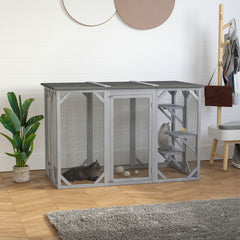 71" x 32" x 44" Large Wooden Outdoor Cat Enclosure Catio Cage With 3 Platforms, Gray
