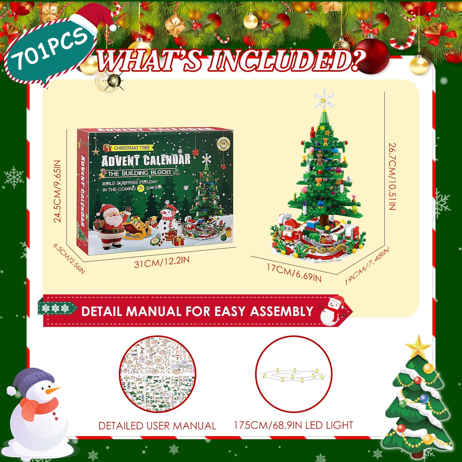 Year Christmas Tree Building Set With LED Light Tabletop Christmas Building Block 24 Days Christmas Countdown Calendar For Boys Girls 3-6