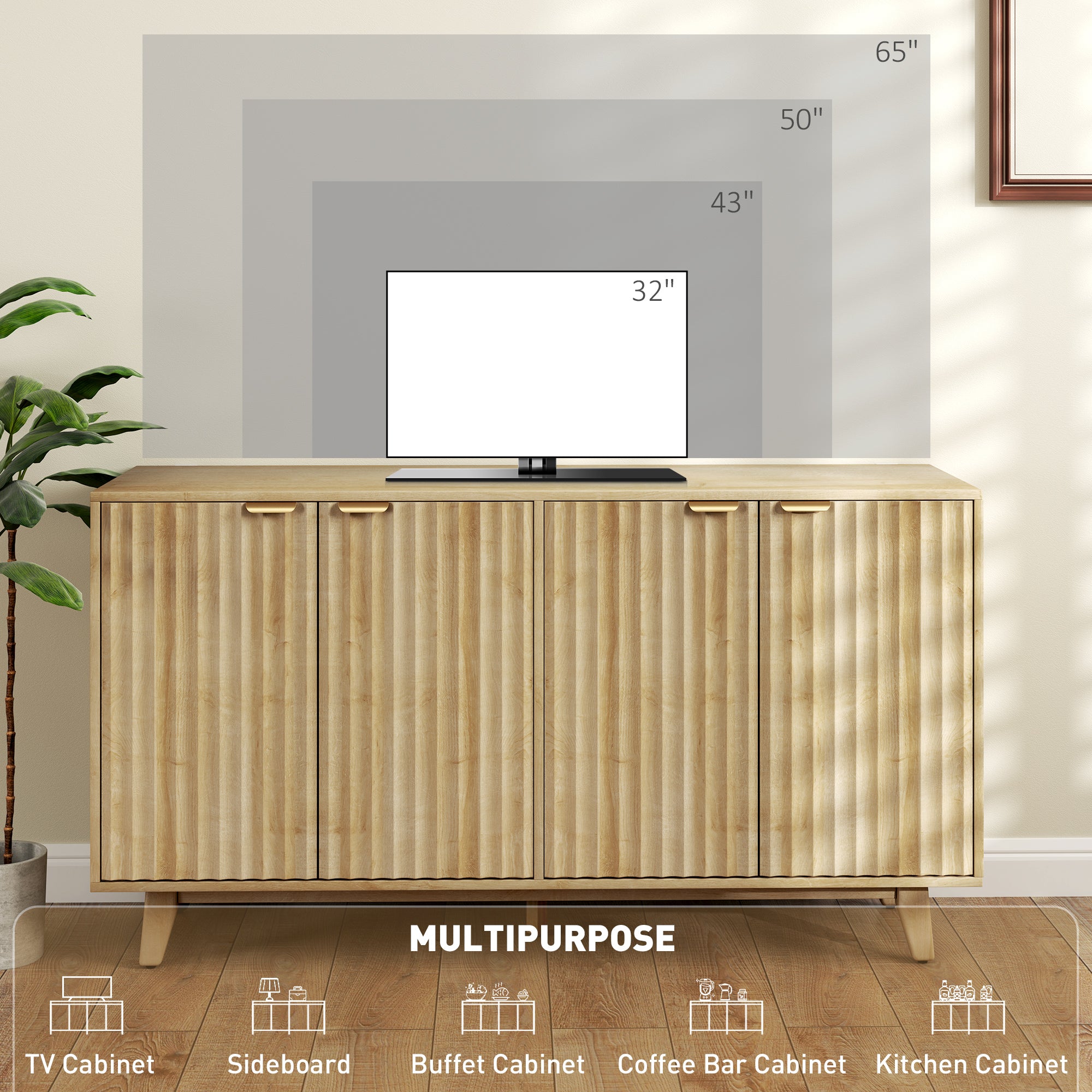 Fluted Sideboard Buffet Cabinet, 55" Coffee Bar Cabinet with 4 Doors, 2 Adjustable Shelves, 5 Wood Legs, Oak