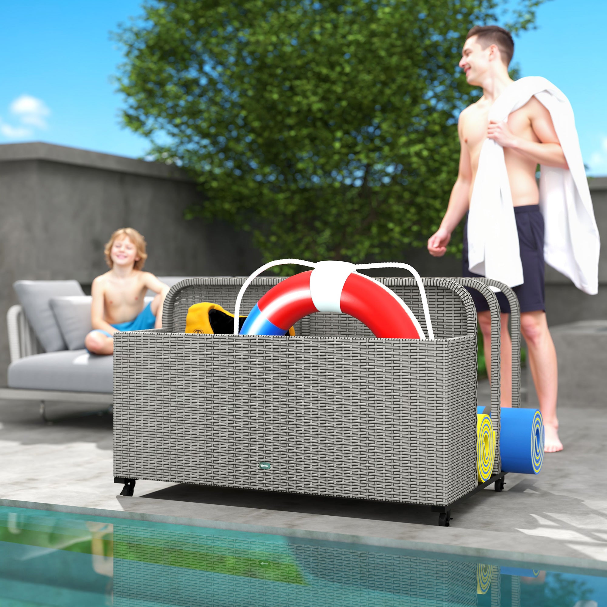 Rattan Pool Float Storage Organizer With Wheels, Mixed Gray