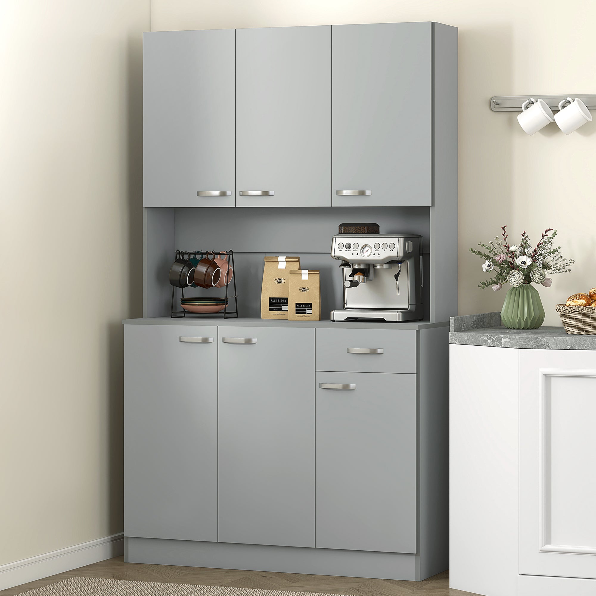 71" Kitchen Pantry Cabinet, Tall Storage Cabinet with Microwave Stand, Modern Kitchen Hutch with Countertop, 6 Doors, Storage Drawer, 3 Adjustable Shelves for Living Room, Dining Room, Gray