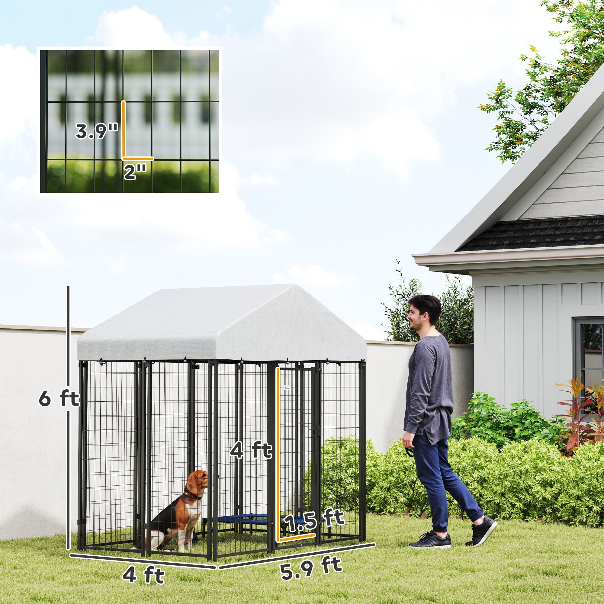 Outdoor Dog Kennel With Roof With Escape-proof Lock, UV-Resistant & Waterproof Cover, 5.9 X 4 X 6, Silver
