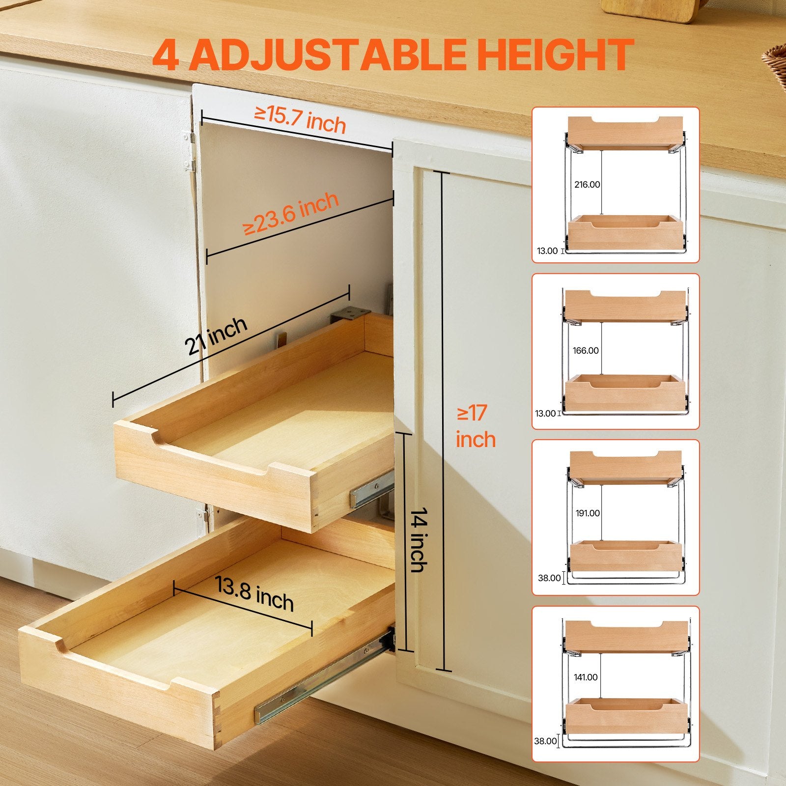 2 Tier Pull Out Cabinet Organizer Soft Close Slide Out Wood Drawer 14'W X 21'D