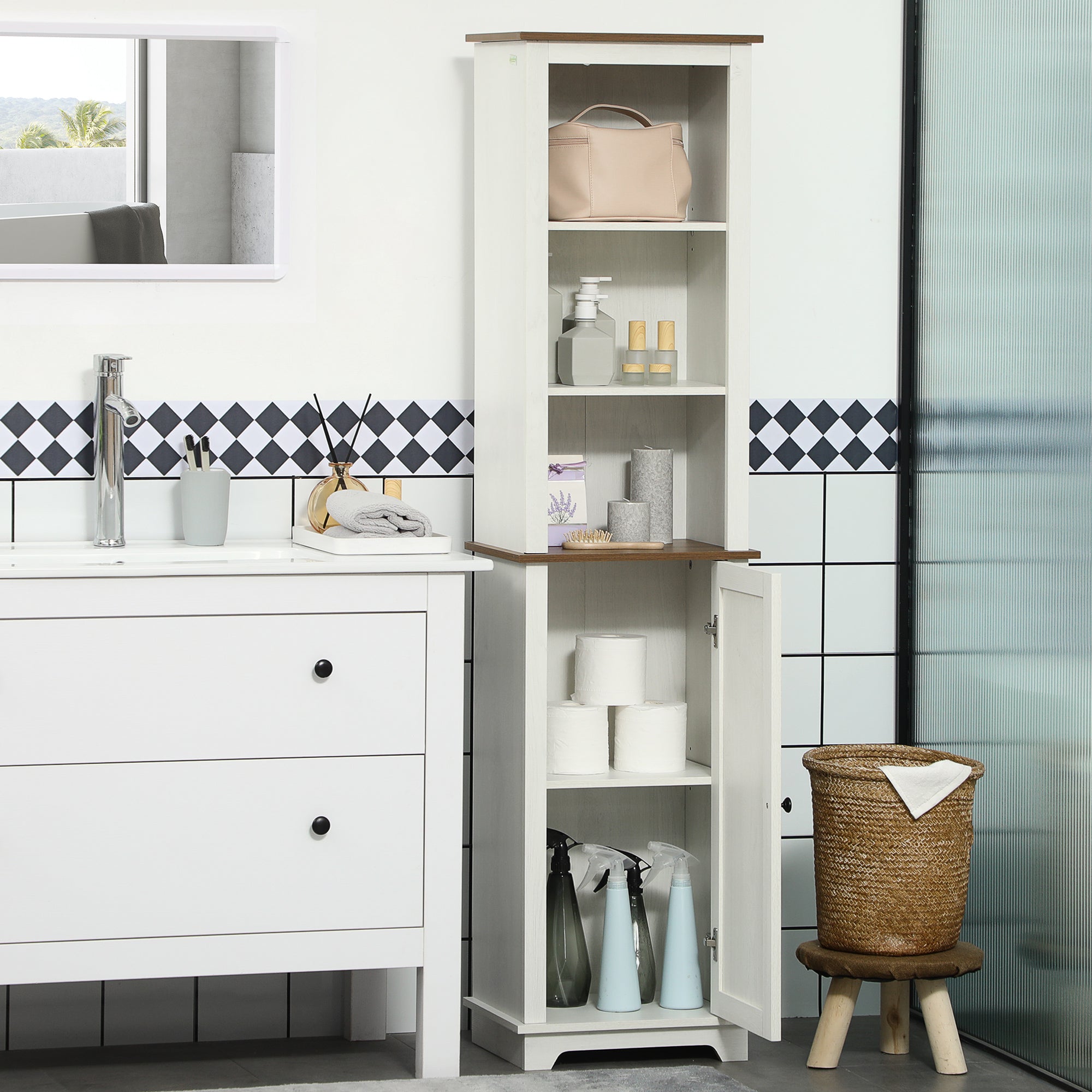 Farmhouse Bathroom Cabinet, Tall Storage Cabinet with Door and Adjustable Shelves, 15.5" x 11.75" x 63", White