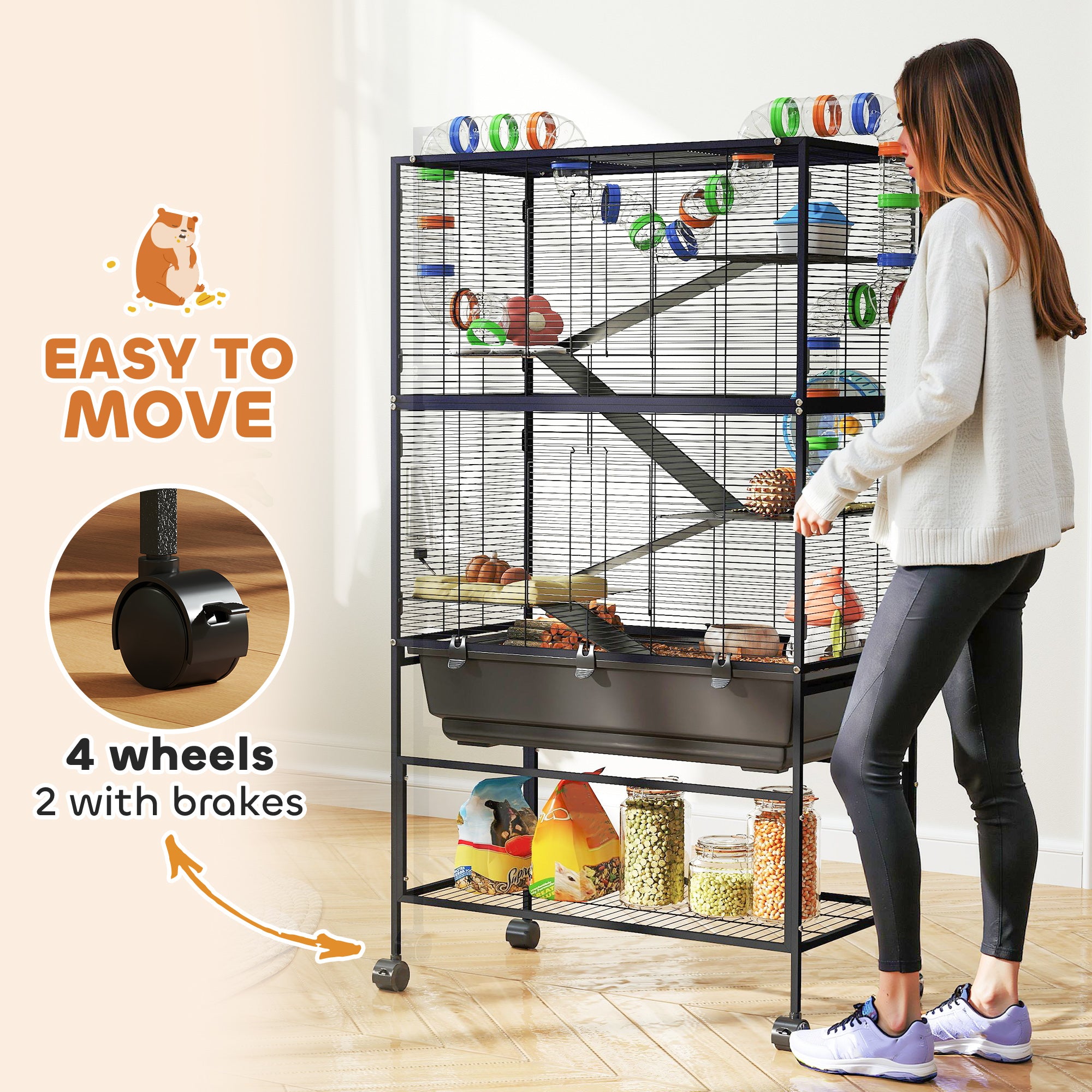 5 Tier Hamster Cage, Rolling Rat Cage with Deep Tray, Storage Shelf, Big Exercise Wheel, Hut, Tube System