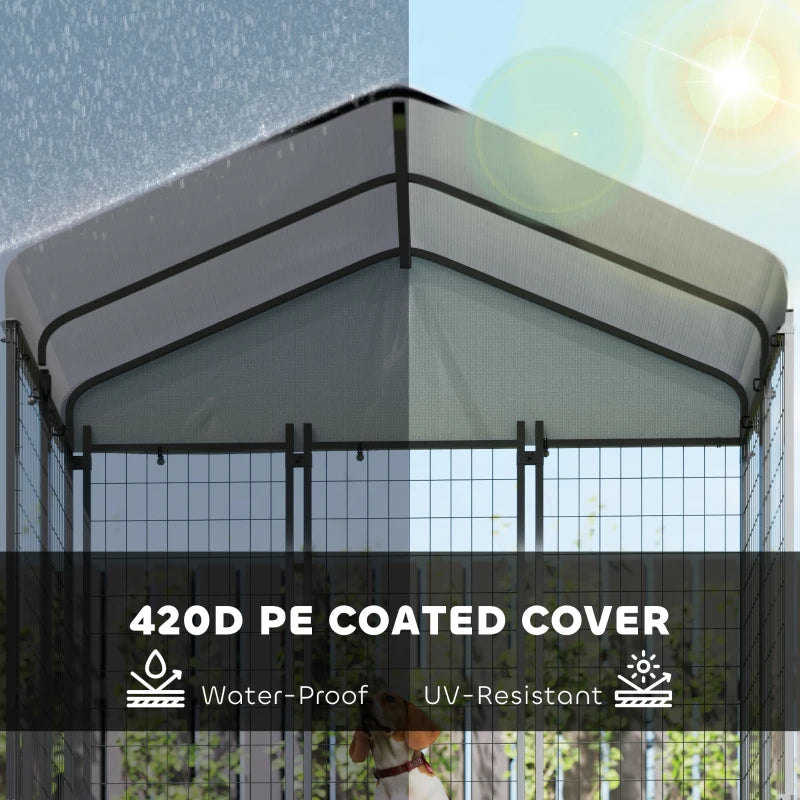 Outdoor Dog Kennel With Roof, Rotating & 4-Level Adjustable Bowls
