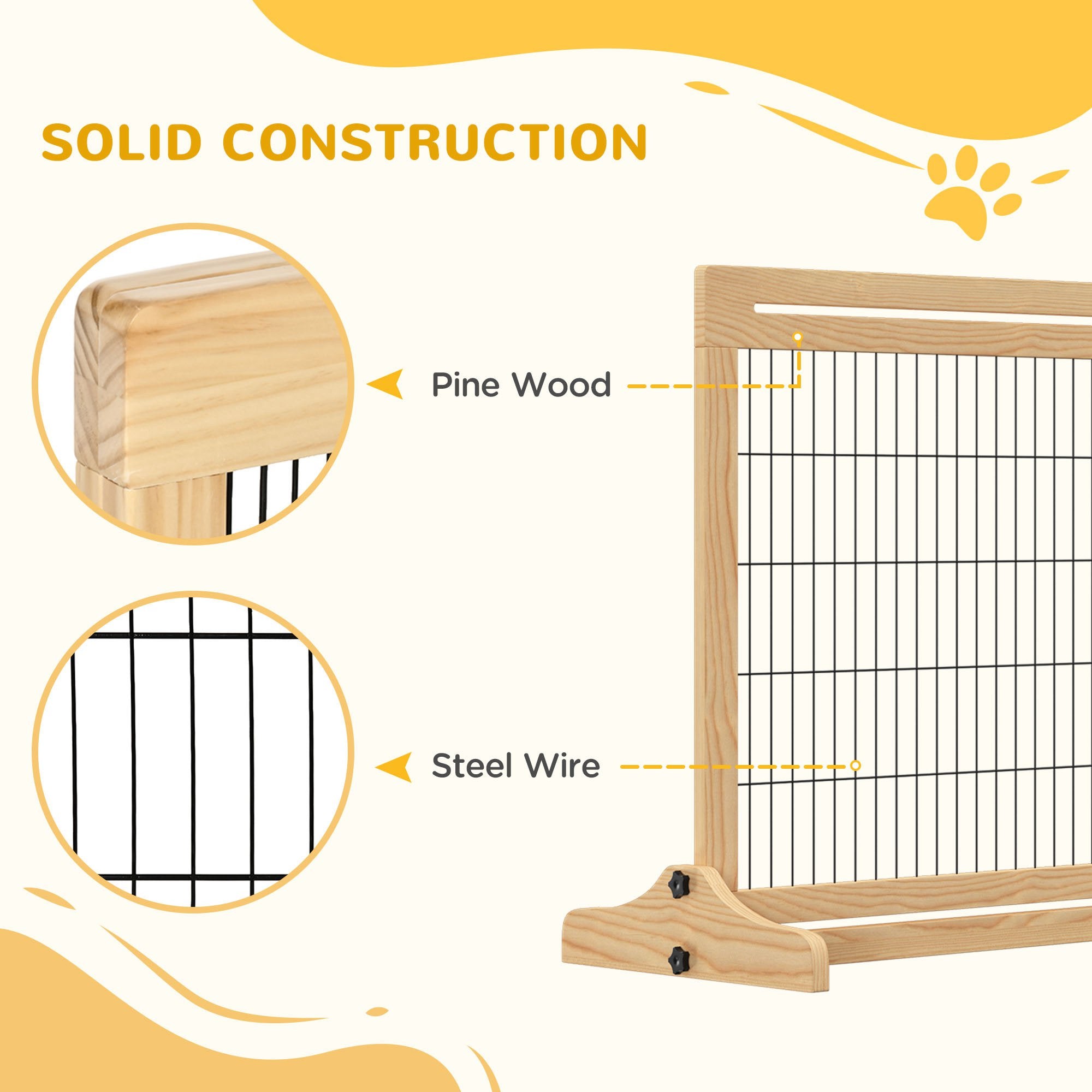 71" W x 27" H Extra Wide Freestanding Pet Gate with Adjustable Length Dog, Cat, Barrier for House, Doorway, Hallway, Natural