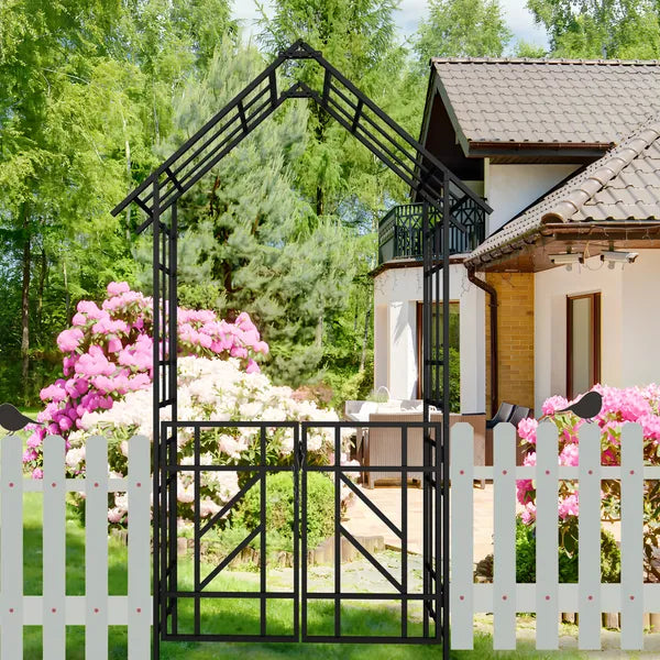 Metal Garden Arch With Gate W58.07*H97.24 Climbing Plants Support Rose Arch Outdoor Black