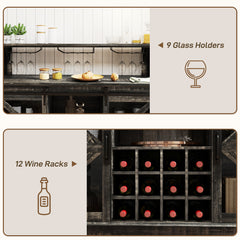 55" Coffee Bar Cabinet with Lights, Farmhouse Wine Cabinet with Wine and Glass Racks for Kitchen, Dining Room, Brown