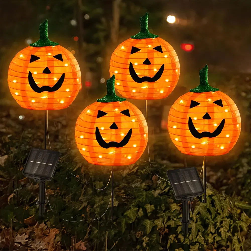Solar Halloween Pumpkin LED Lights, Set Of 4 Big Pumpkin Stake Lights 2 Modes For Outdoor Halloween Pathway Yard Garden Decoration