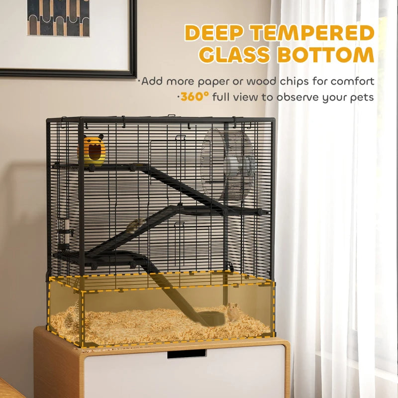 4 Tier Hamster Cage With Deep Tempered Glass Bottom, Running Wheel, Hut, Water Bottle, Food Dish,