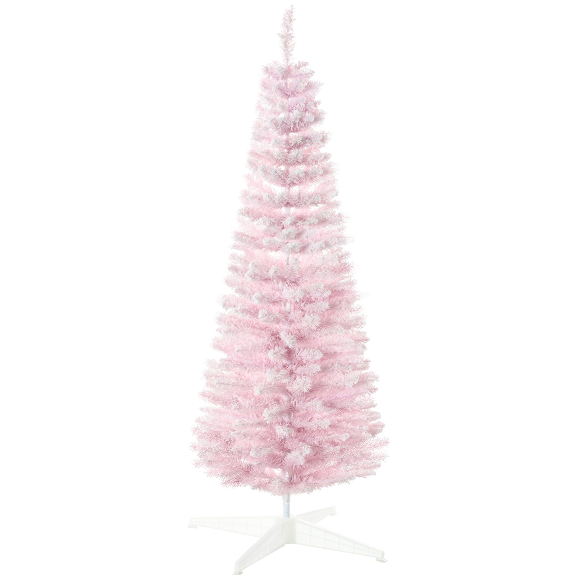 HOMCOM 5' Snow Flocked Artificial Pencil Christmas Tree, Slim Xmas Tree With Realistic Branches And Plastic Base Stand For Indoor Decoration, Pink