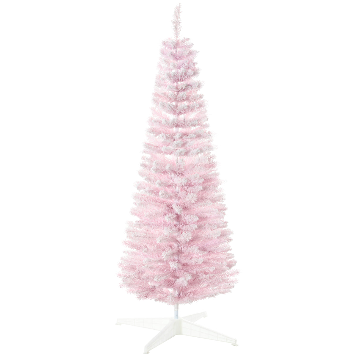 HOMCOM 5' Snow Flocked Artificial Pencil Christmas Tree, Slim Xmas Tree With Realistic Branches And Plastic Base Stand For Indoor Decoration, Pink