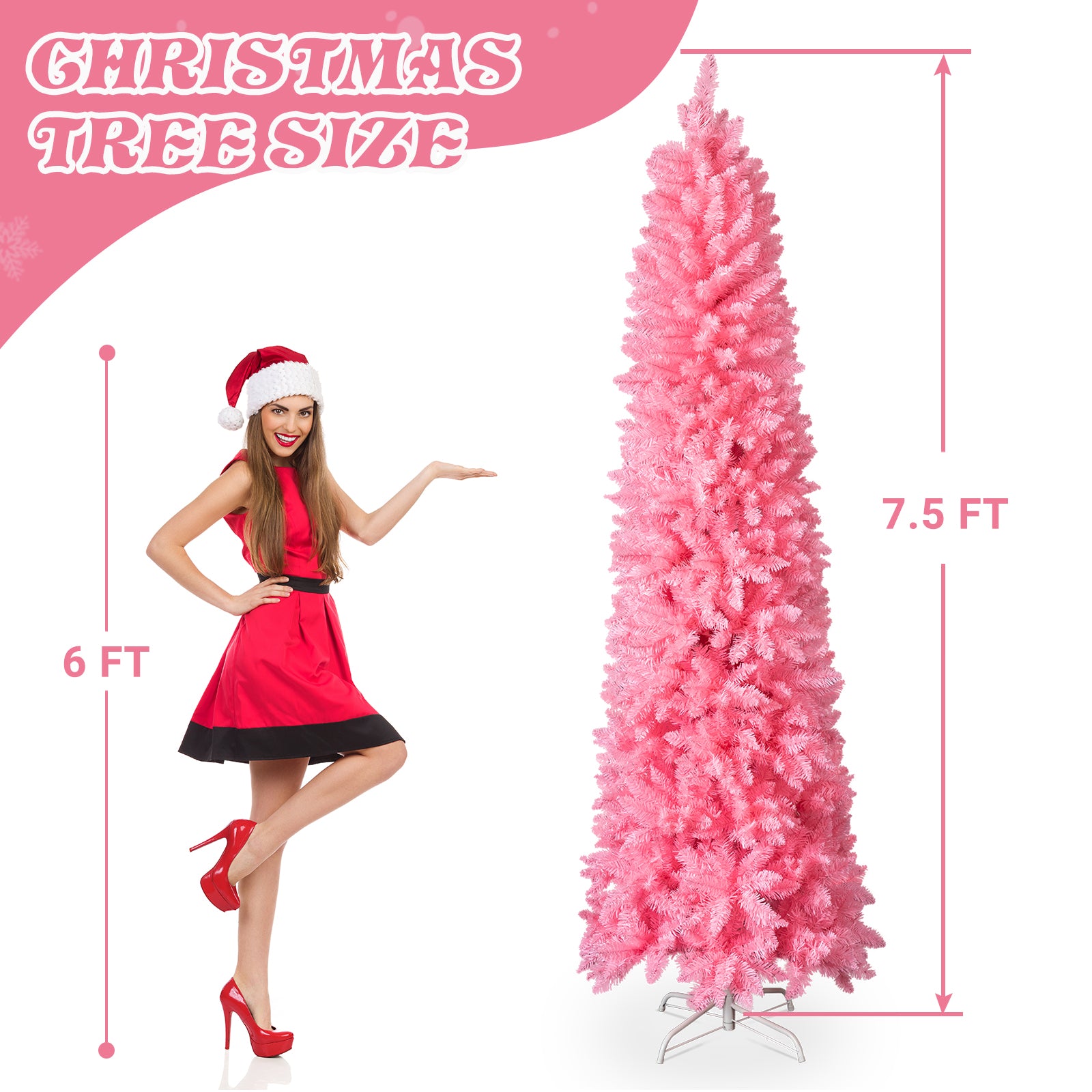 7.5 FT Hinged Christmas Tree, Artificial Pencil Christmas Tree, Unlit Artificial Christmas Pine Tree With 1075 Branch Tips And Sturdy Stand, Pink