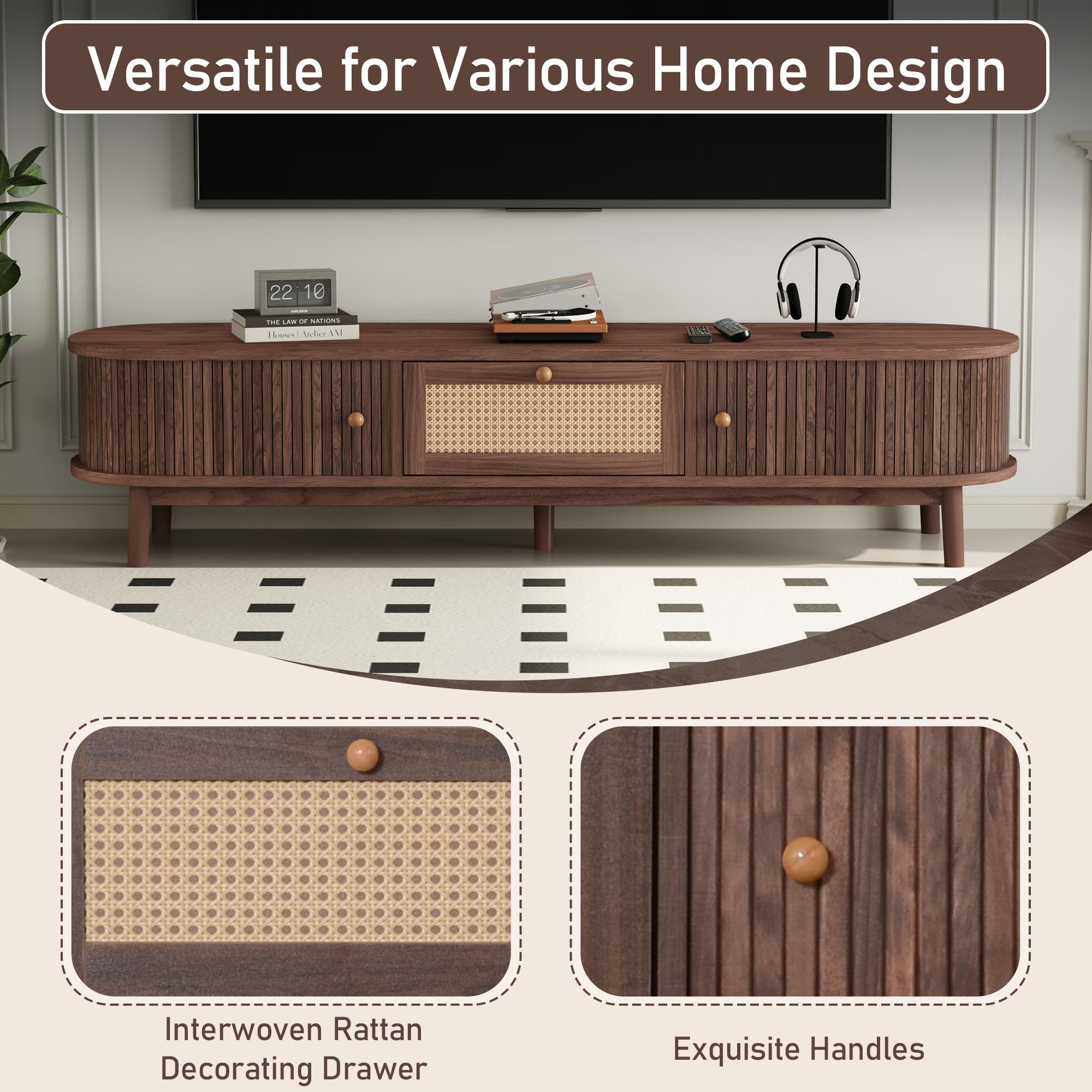 Modern Design TV Stand For 75 TVs, Media Console TV Cabinet With Rattan-Front Drawer For Living Room, 1 Drawer And 2 Sliding-Door Cabinets
