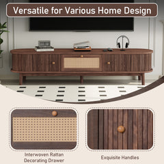 Modern Design TV Stand For 75 TVs, Media Console TV Cabinet With Rattan-Front Drawer For Living Room, 1 Drawer And 2 Sliding-Door Cabinets