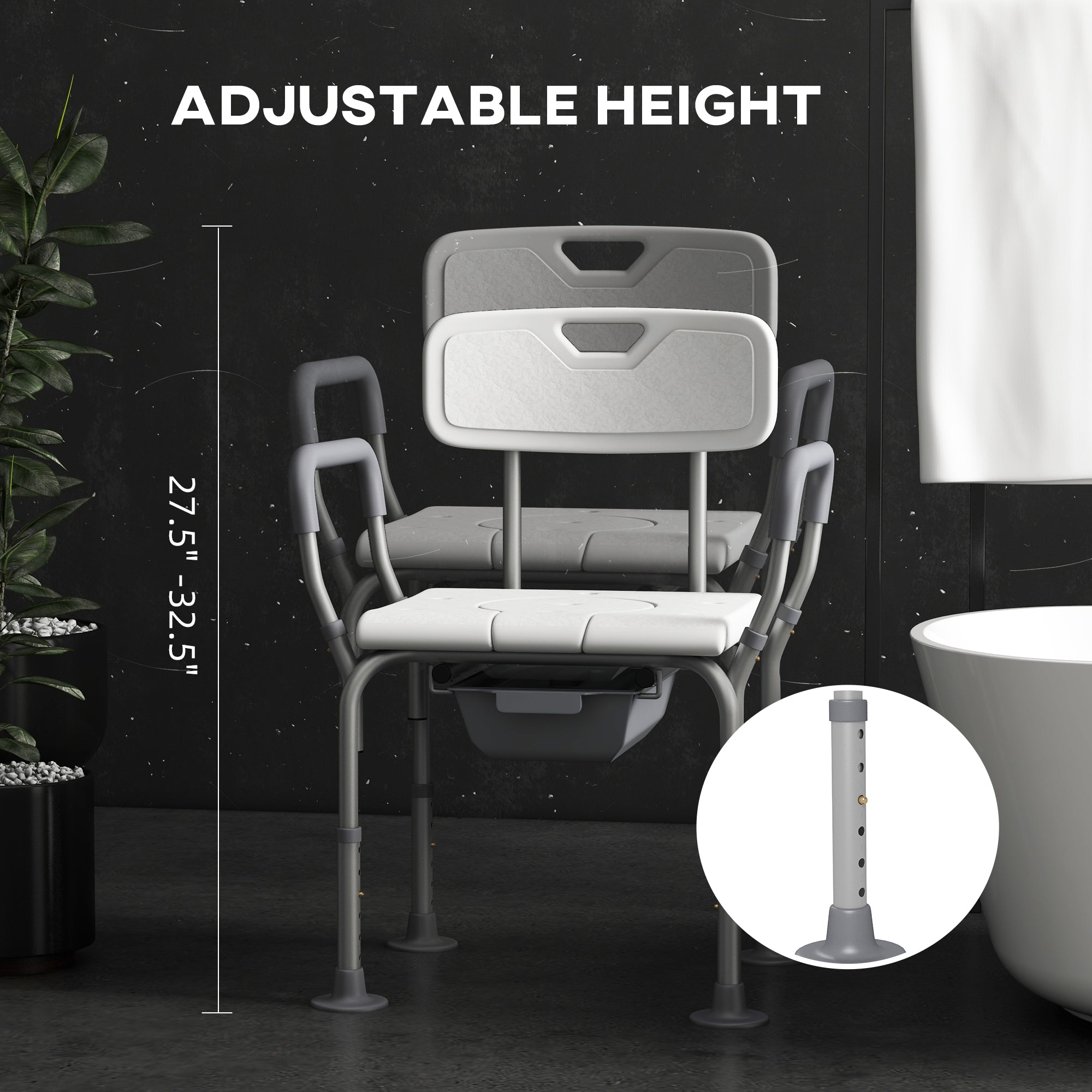 3-in-1 Shower Chair with Back and Arms, Height Adjustable Bedside Commode, Raised Toilet Seat with Non-Slip Rubber Foot Pad for Seniors, Disabled, White