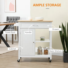 Kitchen Island Cart, Rolling Kitchen Island with Storage Shelf, Solid Wood Top, Drawer, for Dining Room, White