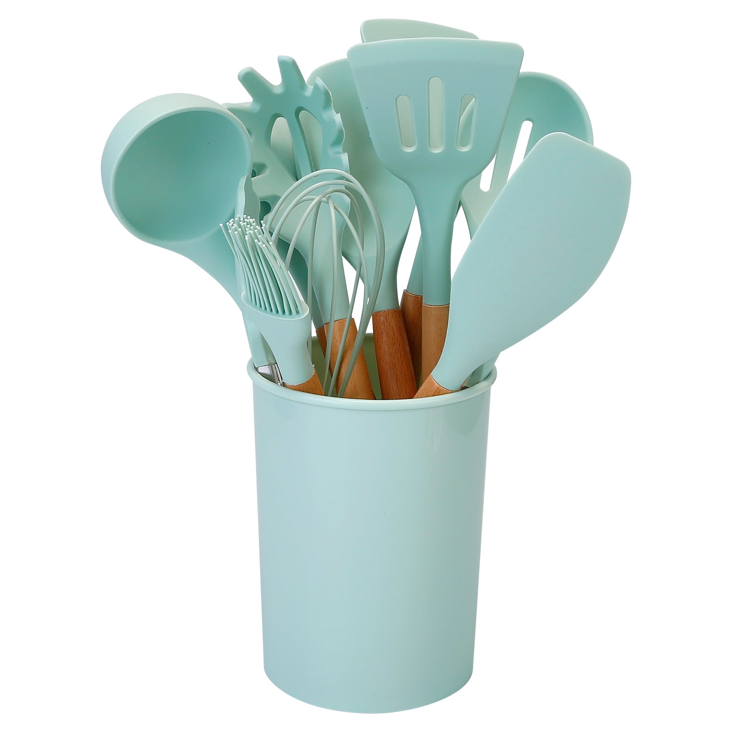 2 Color Options -- Set Of 11Pcs Silicone Cooking Utensil Set Heat Resist Wooden Handle Silicone Spatula Turner Ladle Spaghetti Server Tongs Spoon Egg Kitchenware Set With Holder