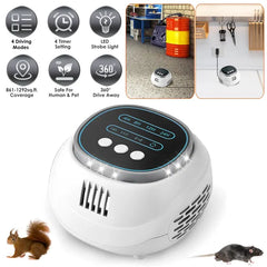 Ultrasonic Rodent Chaser Rat Repellent Pest Driver Mouse Control Squirrel Repeller With 4 Modes 4-65KHz Strobe Light 4 Timer 1292sq.ft. Coverage For Rodent Mouse Rats Squirrels Bats GPCT5491