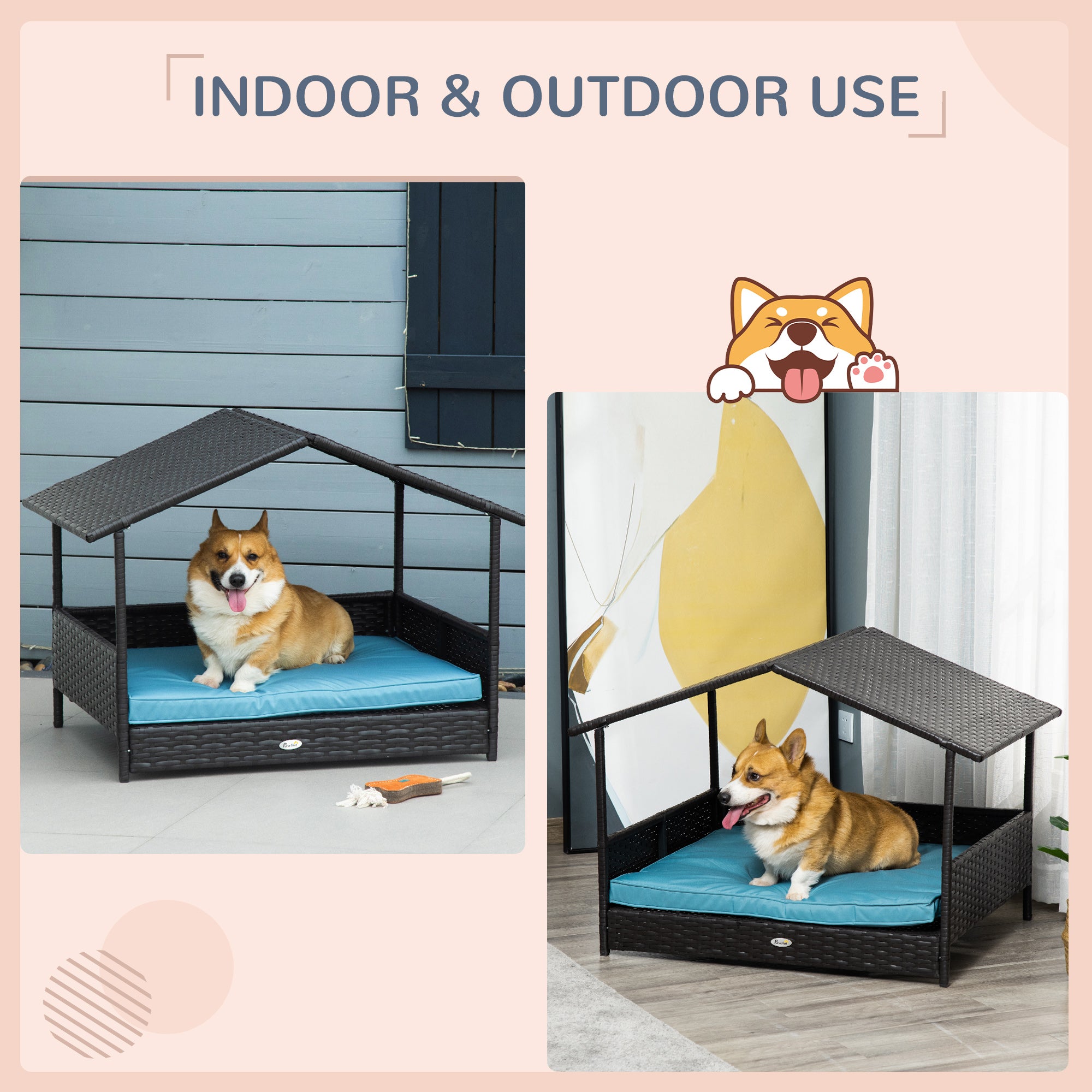 Wicker Dog House Outdoor with Canopy, Rattan Dog Bed with Water-resistant Cushion, Raised Pet Bed for Small, Medium Breeds up to 66 lbs, 20" in Length, Brown Wicker, Blue Cushion