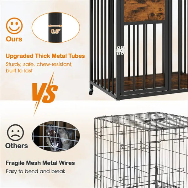 2-in-1 Dog Crate Furniture With Thickened Metal Tubes, Lockable Wheels Pet Kennel For Small Dogs