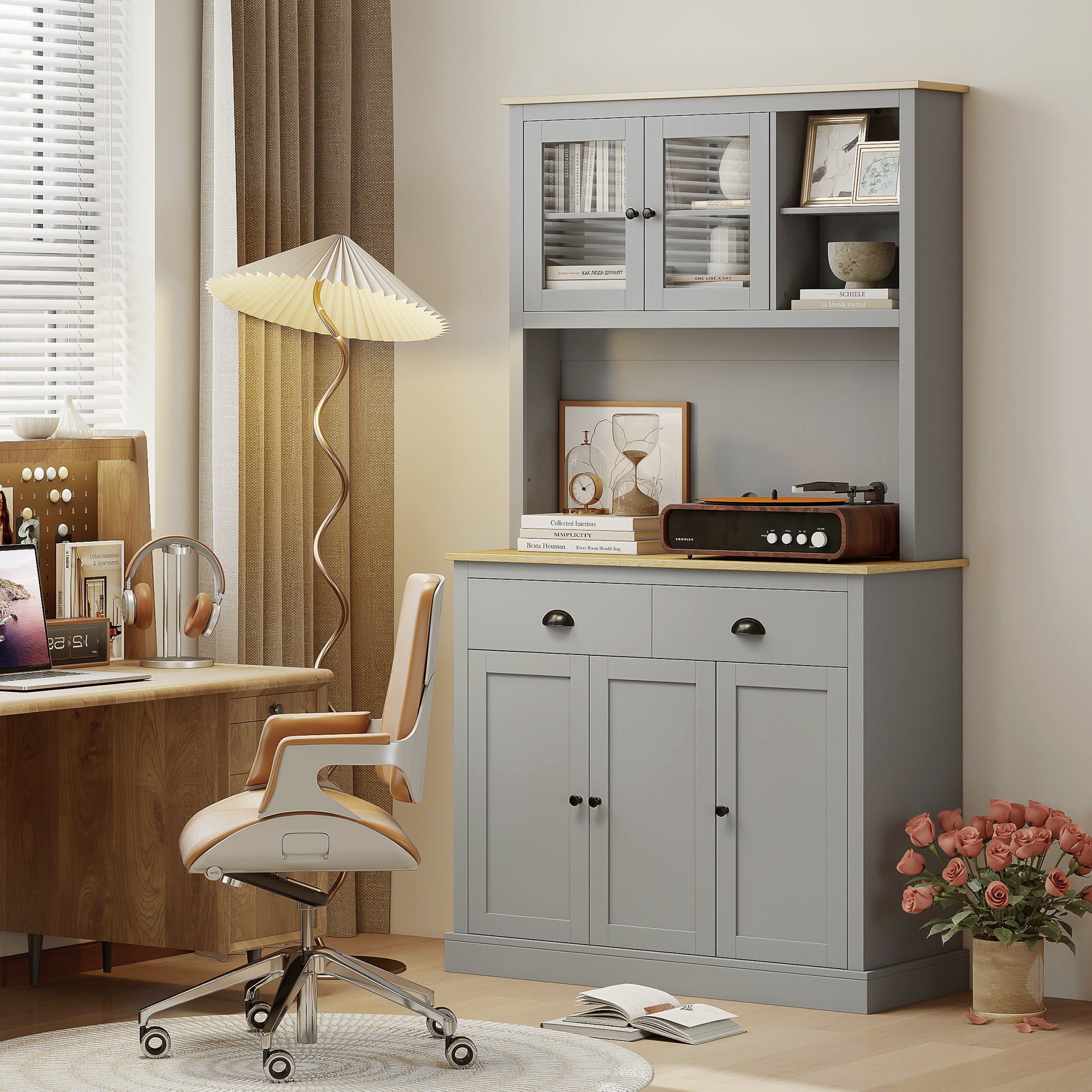 Freestanding Kitchen Cabinet, 71" Tall Pantry Cabinet, Modern Hutch with Wide Countertop, Adjustable Shelves, Gray